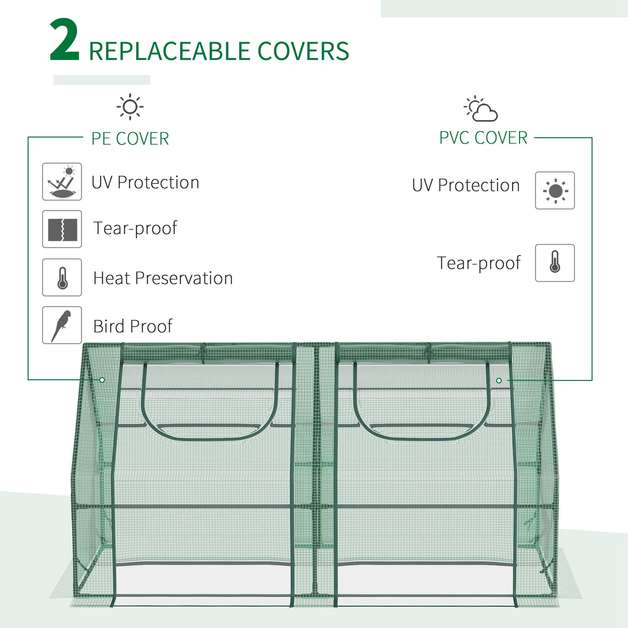 6' x 3' x 3' Portable Greenhouse, Garden Hot House with Two PE/PVC Covers and 2 Roll Up Windows, Green - Green - Image 7