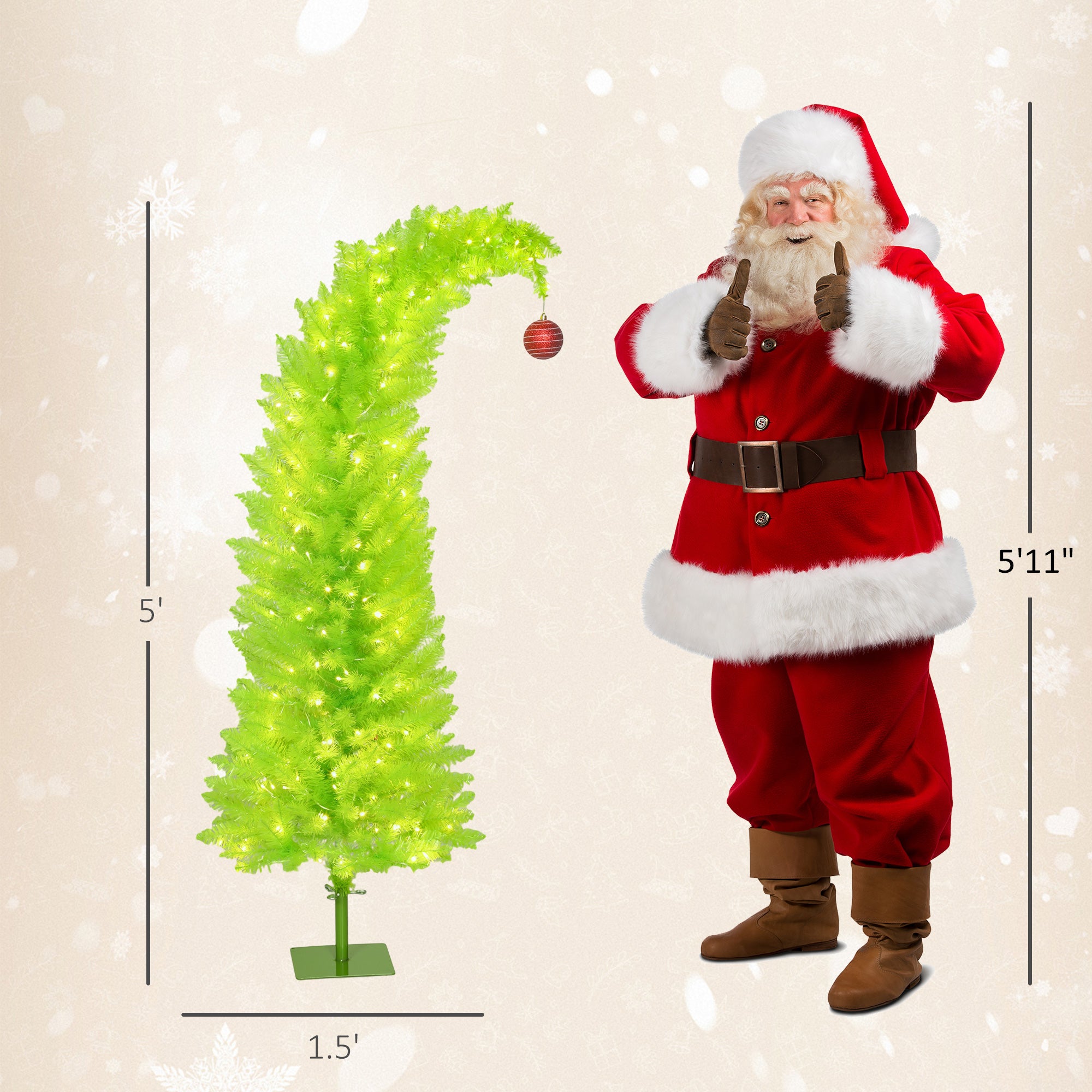 5 ft Whimsical Christmas Tree, Pencil Xmas Tree with Red Ball, Metal Base, Prelit with 200 LED Lights