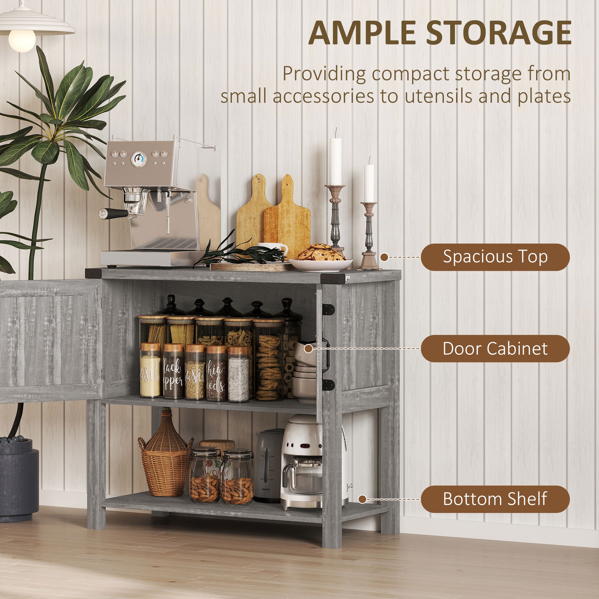 Farmhouse Double Door Coffee Bar Cabinet, Kitchen Cabinet with Bottom Shelf for Entryway, Living Room, Stone Gray