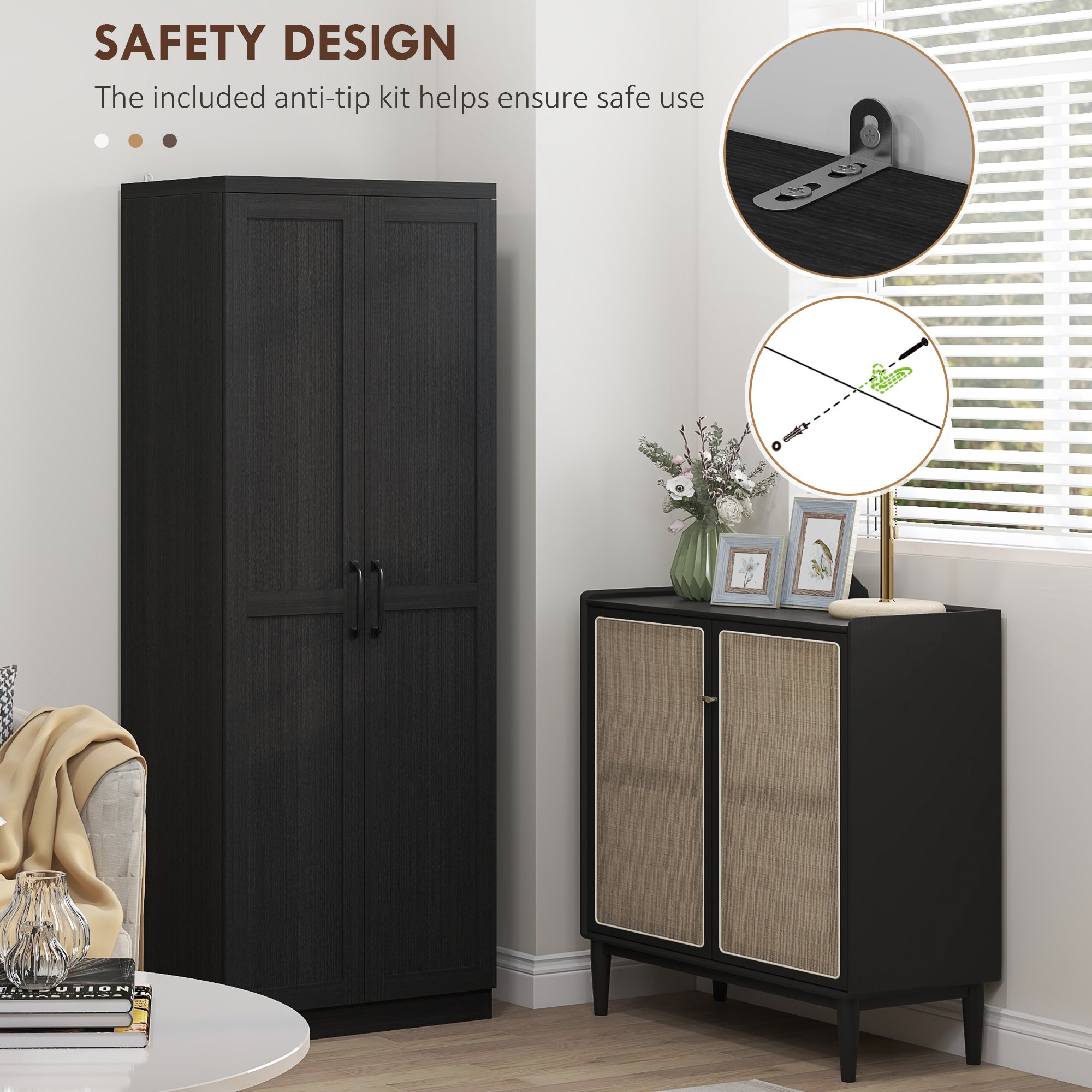 63" 2-Door Kitchen Pantry, Freestanding Cabinet with 2 Adjustable Shelves for Dining Room, Cinnamon Black Wood Grain