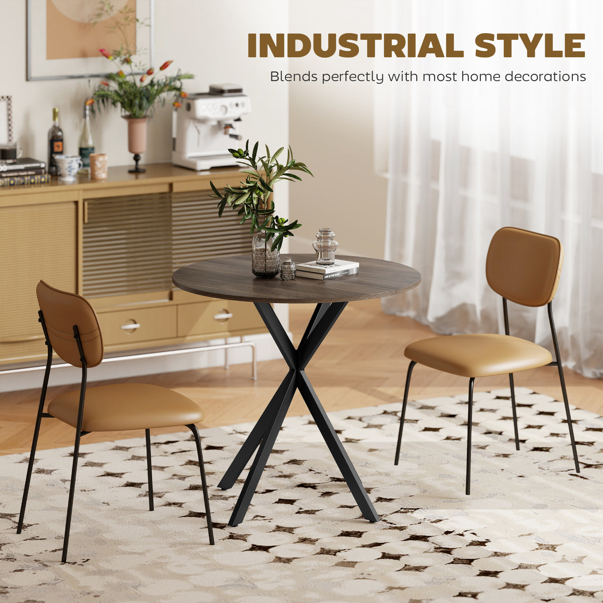 31.5" Small Round Dining Table for 2, Industrial Kitchen Table with Cross Steel Legs for Dining Room, Distressed Brown