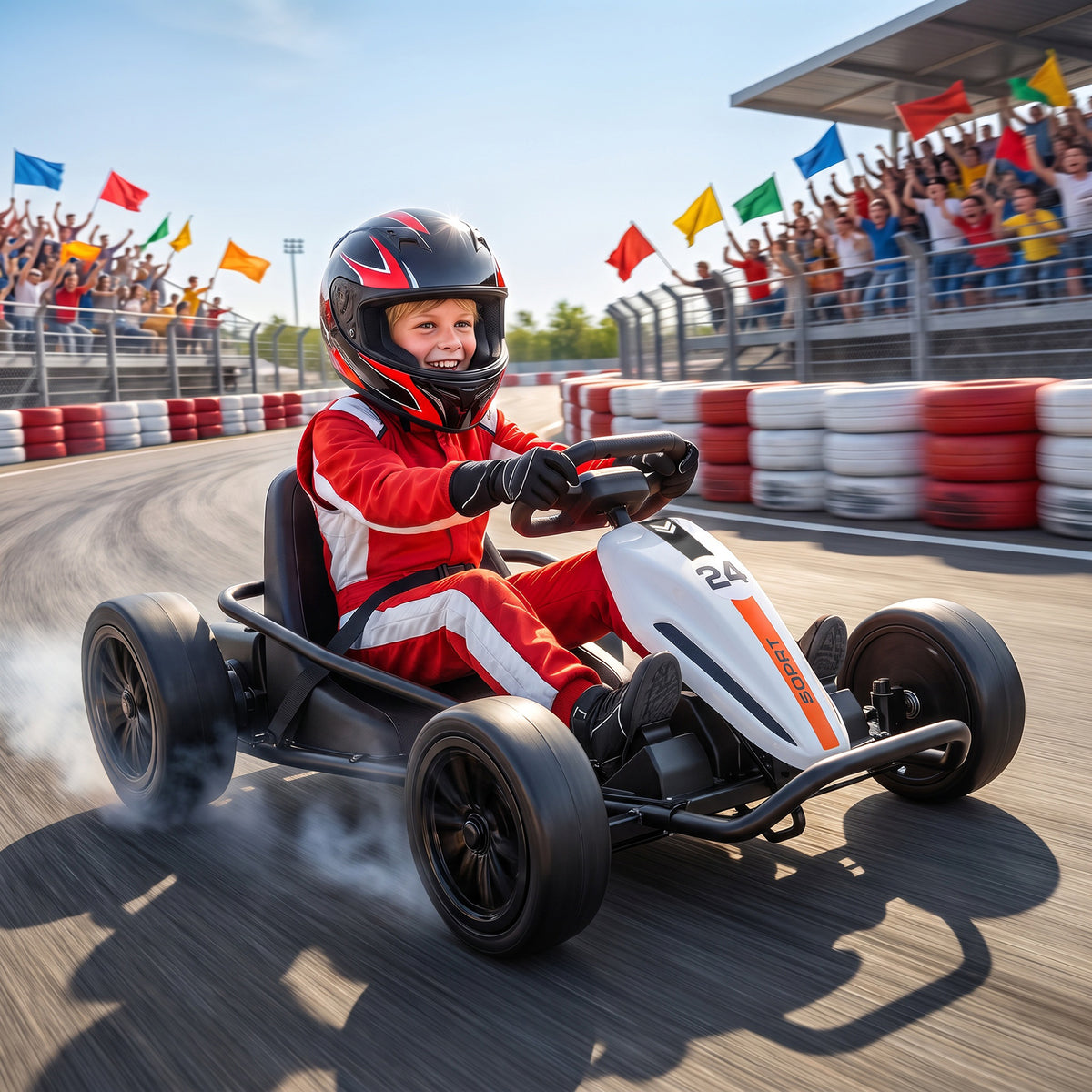 24V Electric Drift Go Kart for Kids with Dual Motors, Soft Start, PU Wheels, 7.5MPH High Speed, for Ages 6+, White