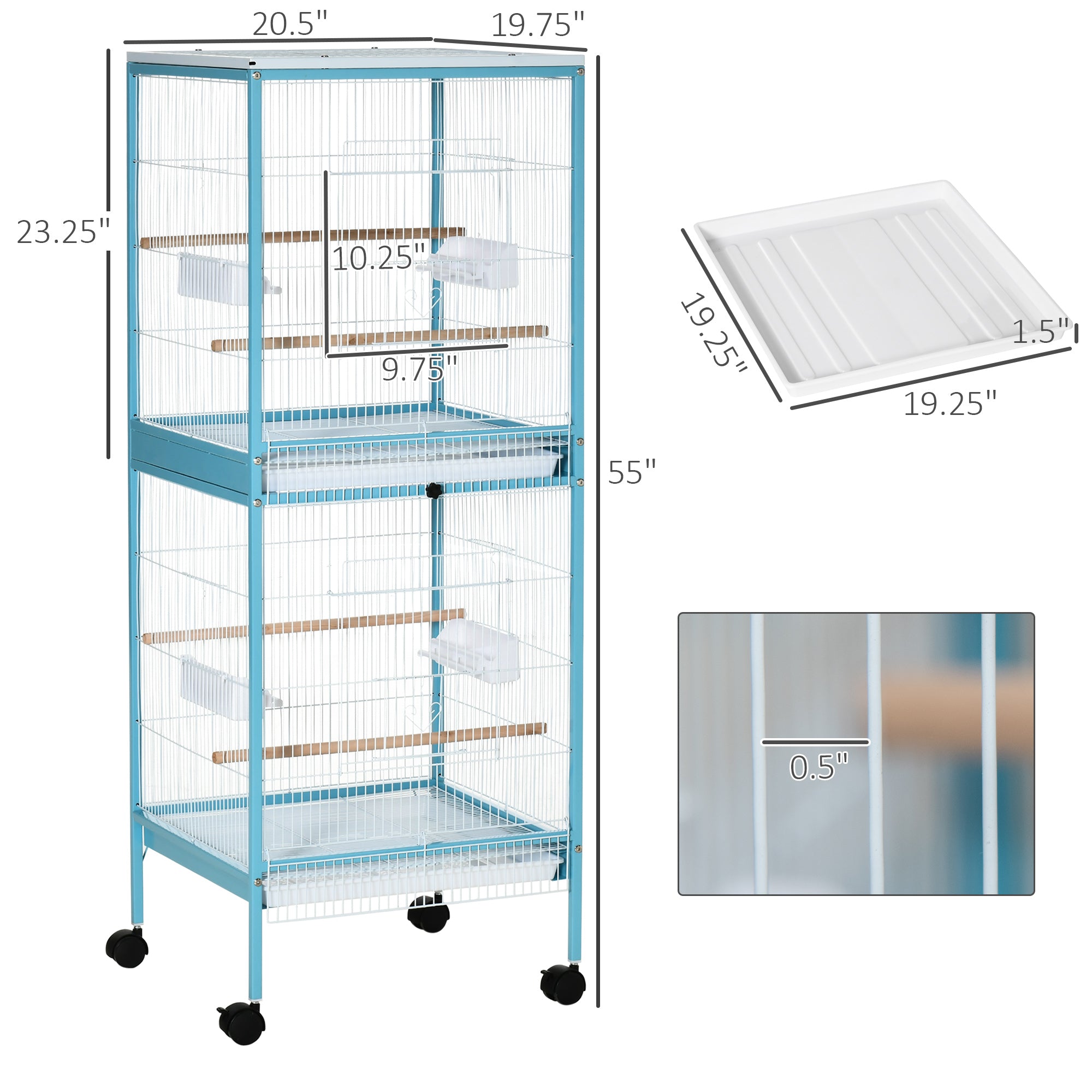 55" 2 In 1 Bird Cage Aviary Parakeet House for finches, budgies with Wheels, Light Blue - Light Blue - Image 3