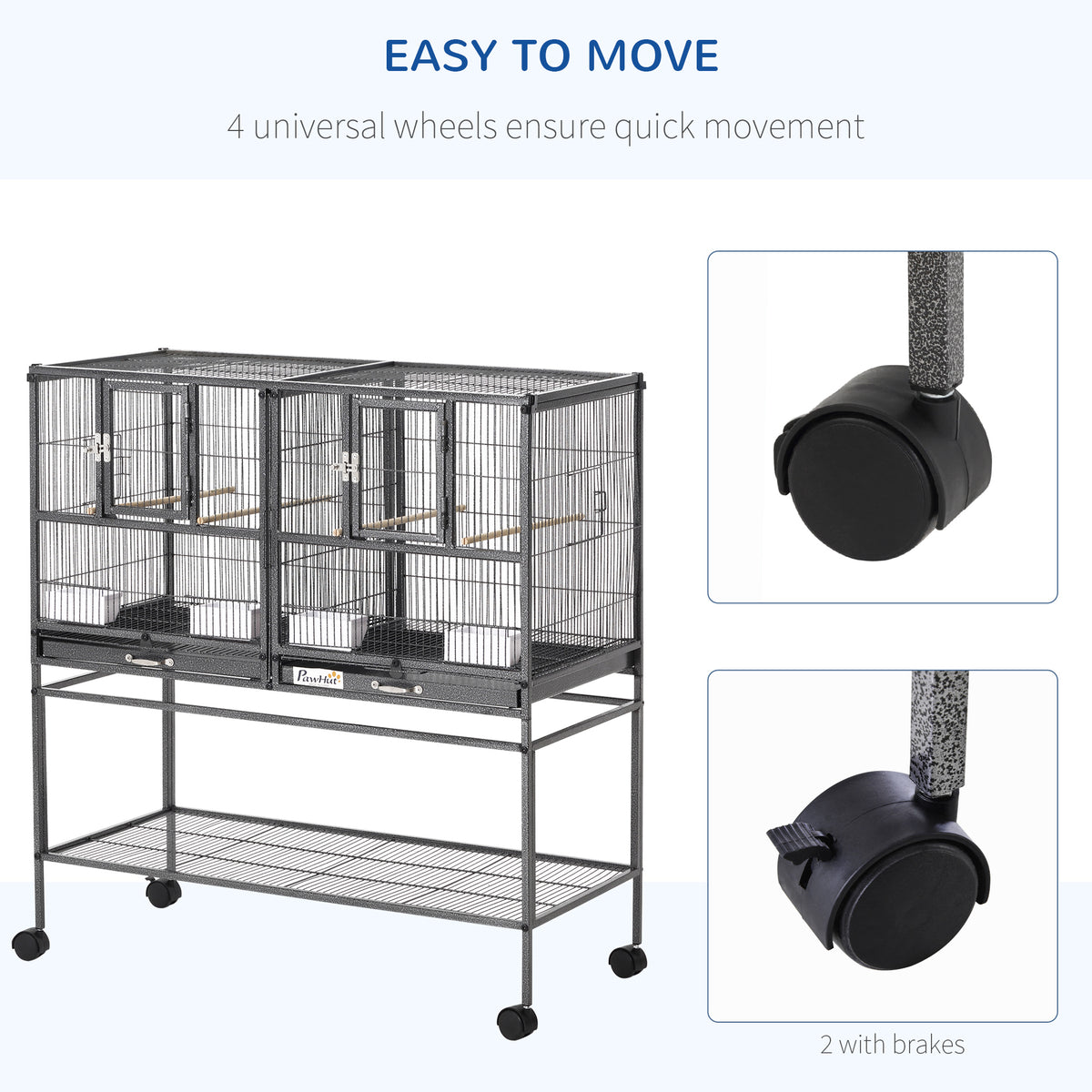 Divided Breeder Bird Cage with Rolling Stand Removable Metal Tray, Storage Shelf, Wood Perch, and Food Container