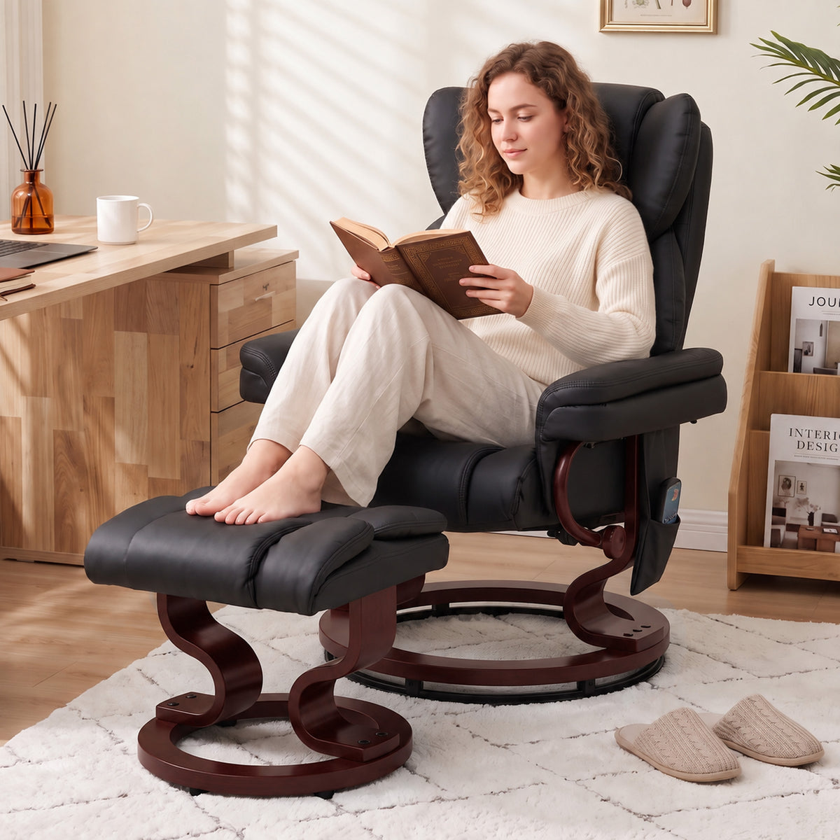Massage Recliner Chair with Footrest, Swivel Armchair, Wrapped Wood Base, 10 Massage Points, Faux Leather, Black