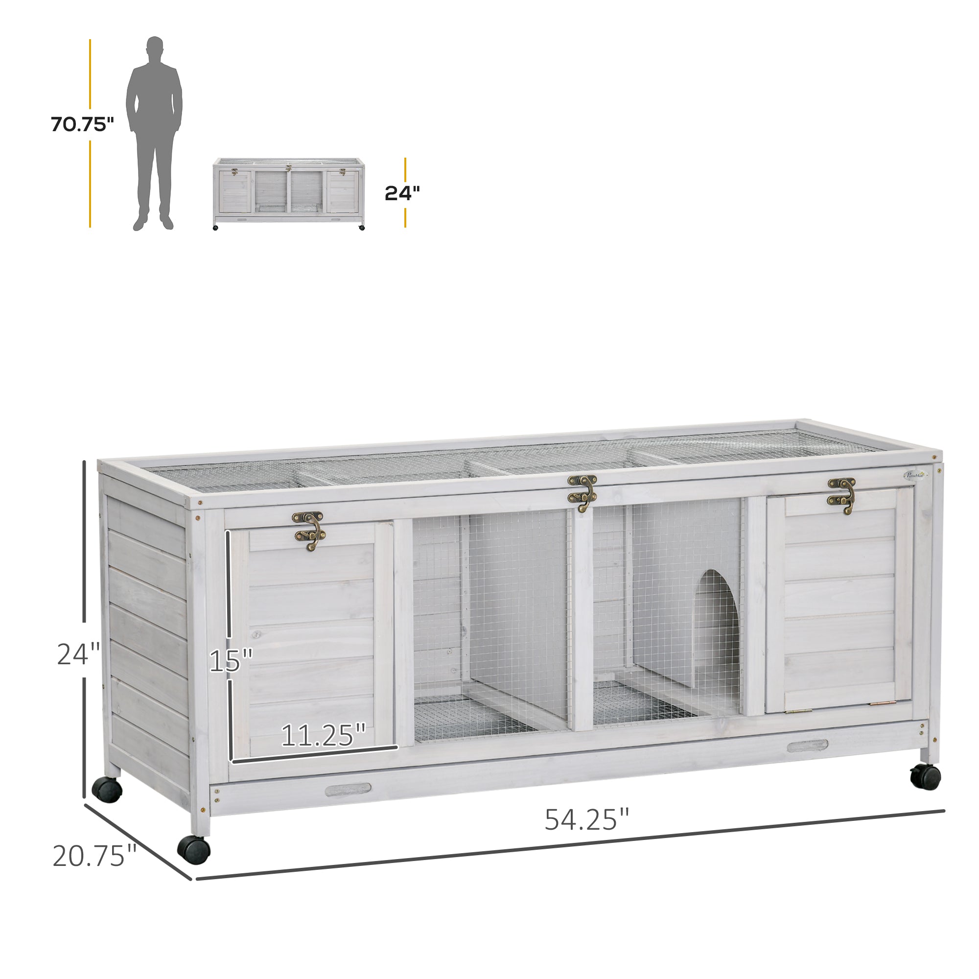 Wooden Rabbit Hutch with Wheels, Dividers for Indoor Use, Light Gray - Gray - Image 3