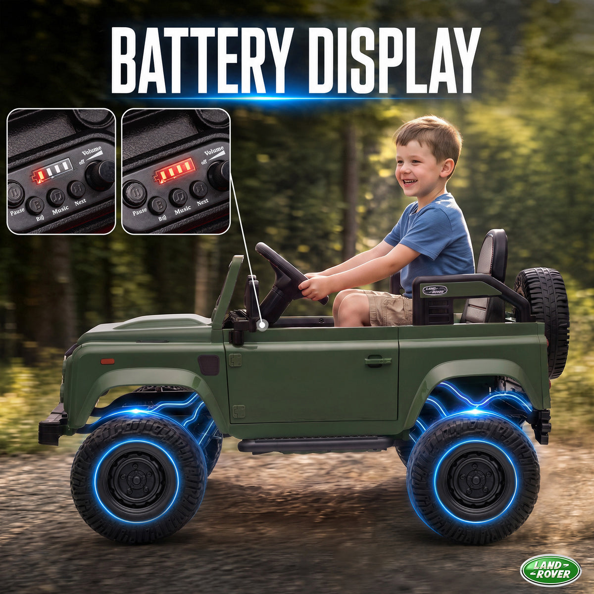 12V Electric Car for Kids 3+ Years, Licensed Land Rover Defender Toddler Ride on Car w/ Remote Control, Green