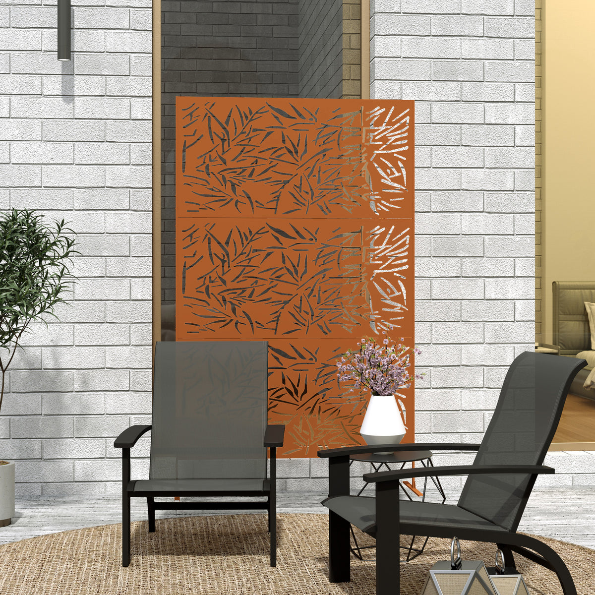 Decorative Privacy Fence Screen, Metal Outdoor Privacy Screen Climbing Plant Trellis with Stand, Bamboo Brown