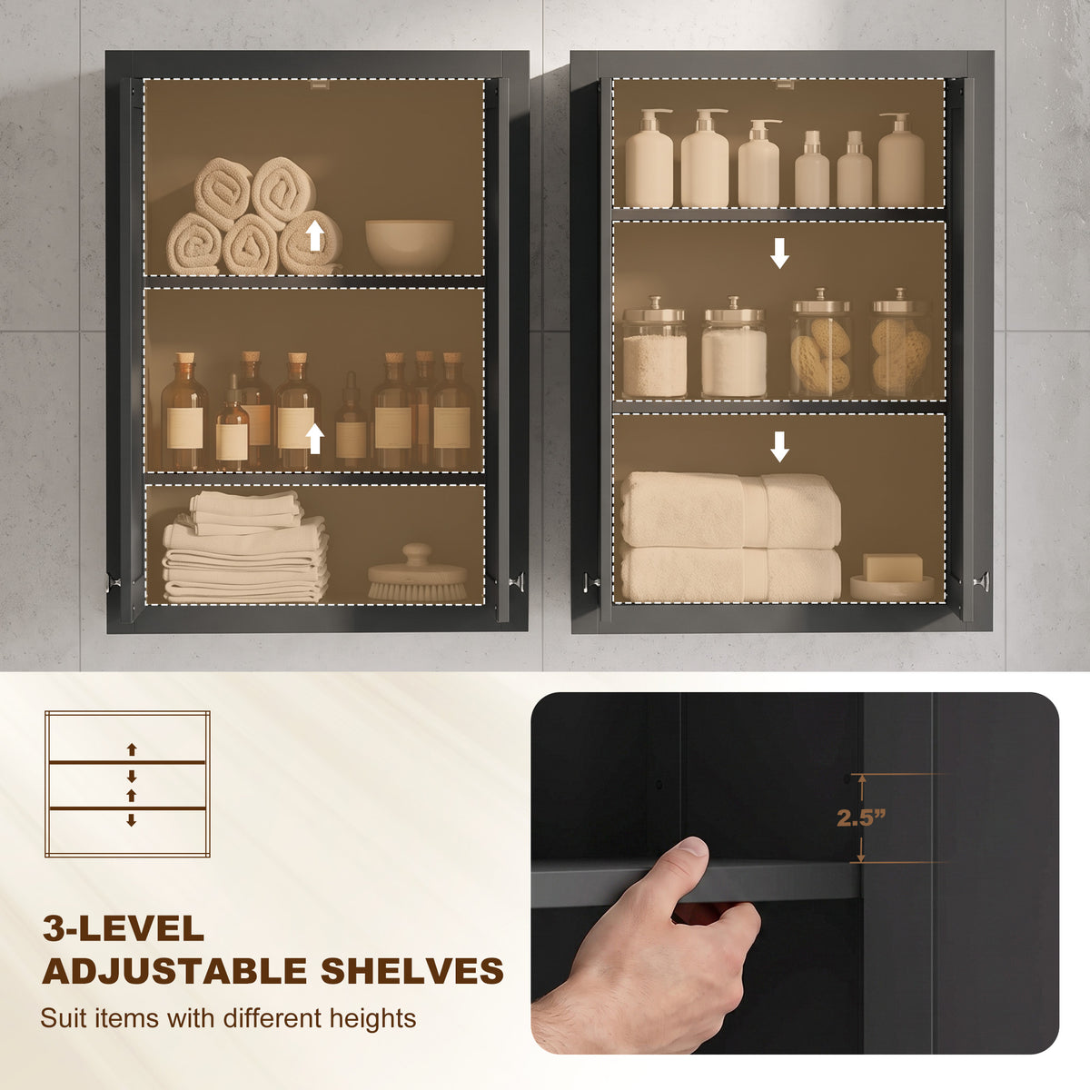 Bathroom Cabinet Wall Mounted, Modern Bathroom Wall Cabinet with 2 Doors and 2 Adjustable Shelves, Black