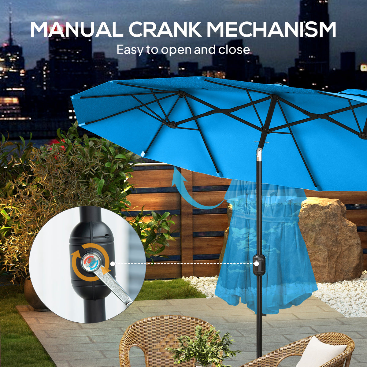 Double-sided Patio Umbrella, 9.5' Outdoor Umbrella with Push Button Tilt and Crank, 3 Air Vents and 12 Ribs, Cyan Blue