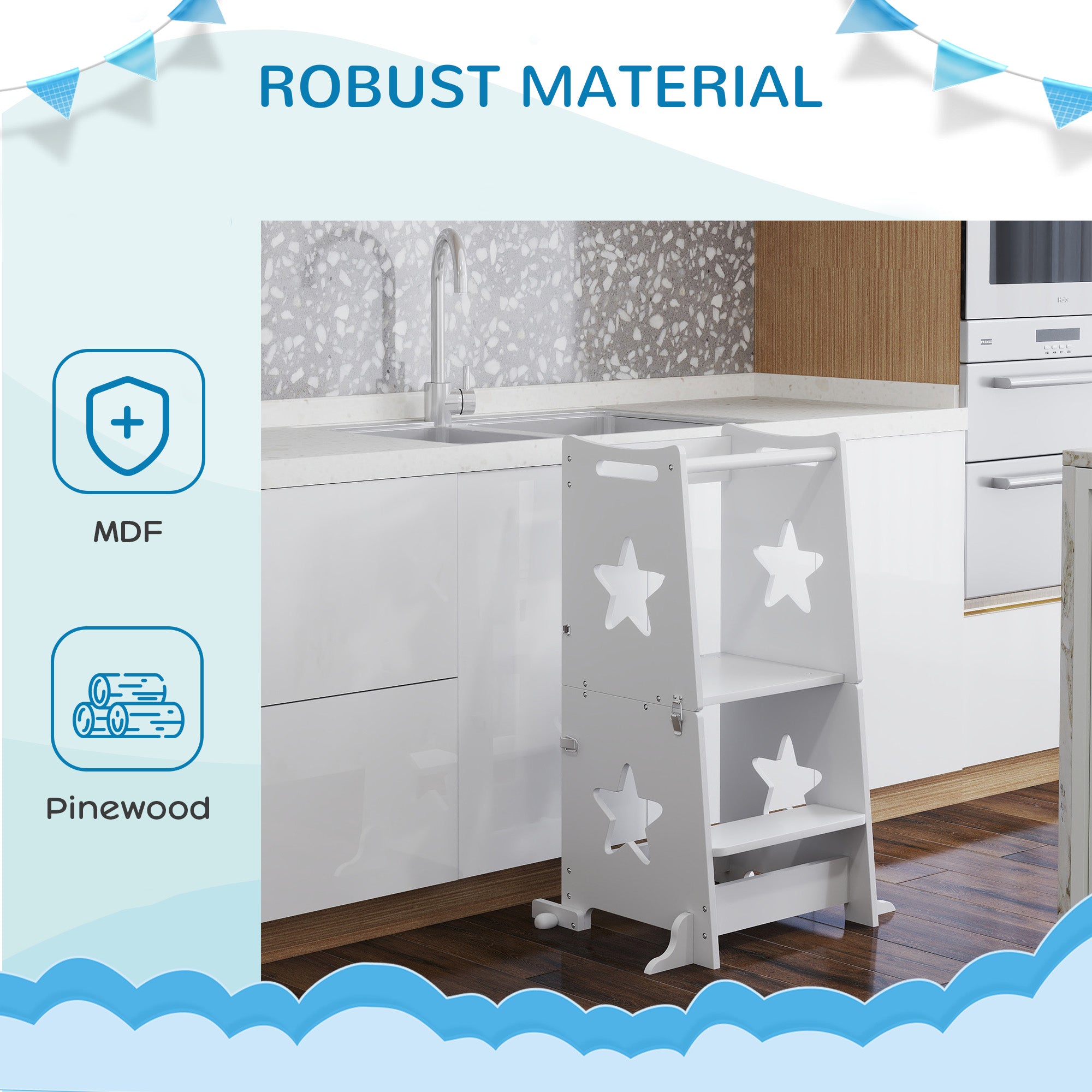 2 in 1 Toddler Tower with Safety Rail for Bathroom, Sink, Kitchen or Counter, White