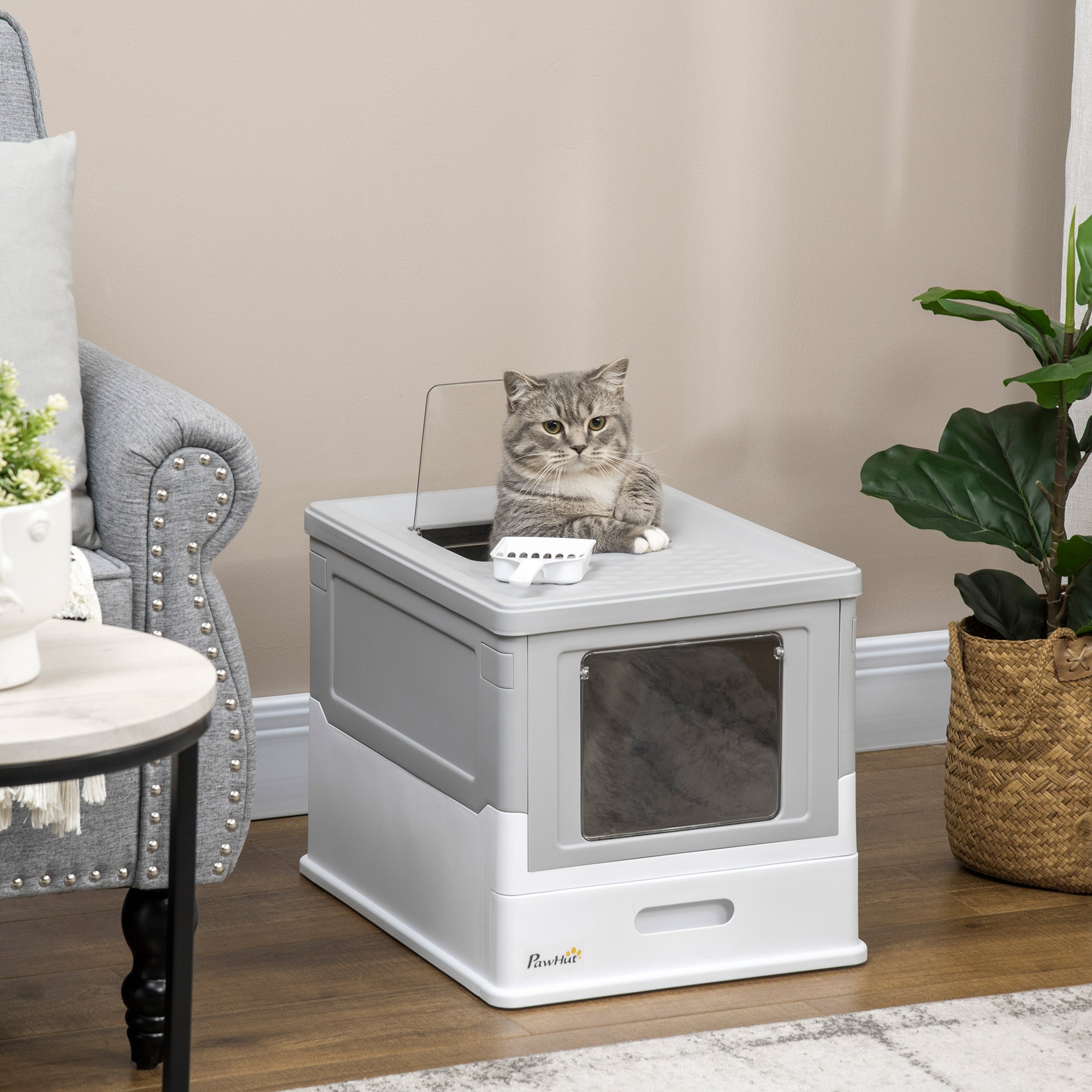 Fully Enclosed Cat Litter Box with Front Entry and Top Exit, Plastic, Gray & White - Gray - Image 2