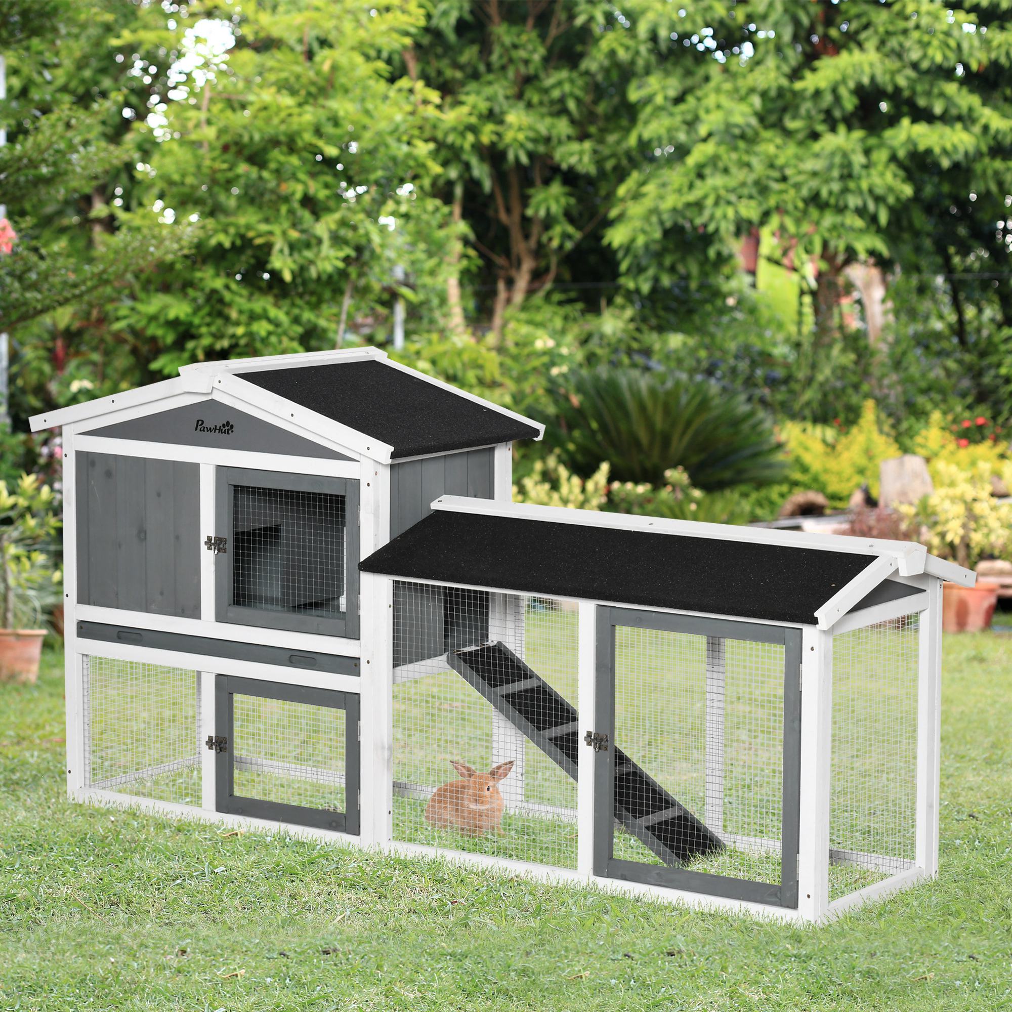 Wooden Rabbit Hutch with Run, Tray, Ramp for 1-3 Rabbits, Guinea Pigs, White - White - Image 2
