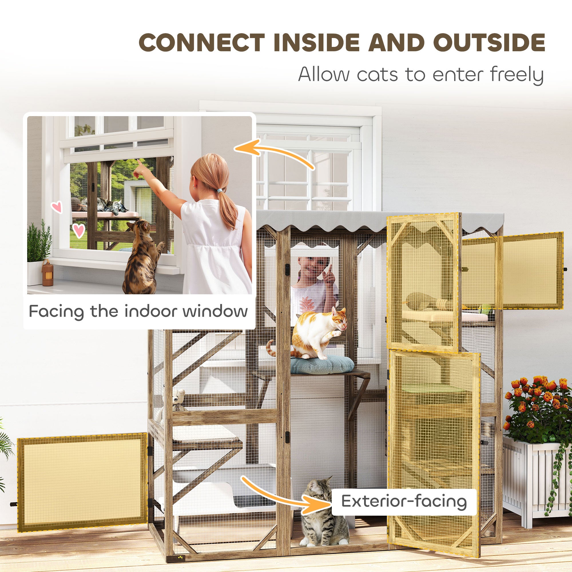 Outdoor Cat Enclosure with Window Access, 5 Platforms and 2 Resting Boxes, Waterproof Roof for Multiple Cats, Brown - Brown - Image 4