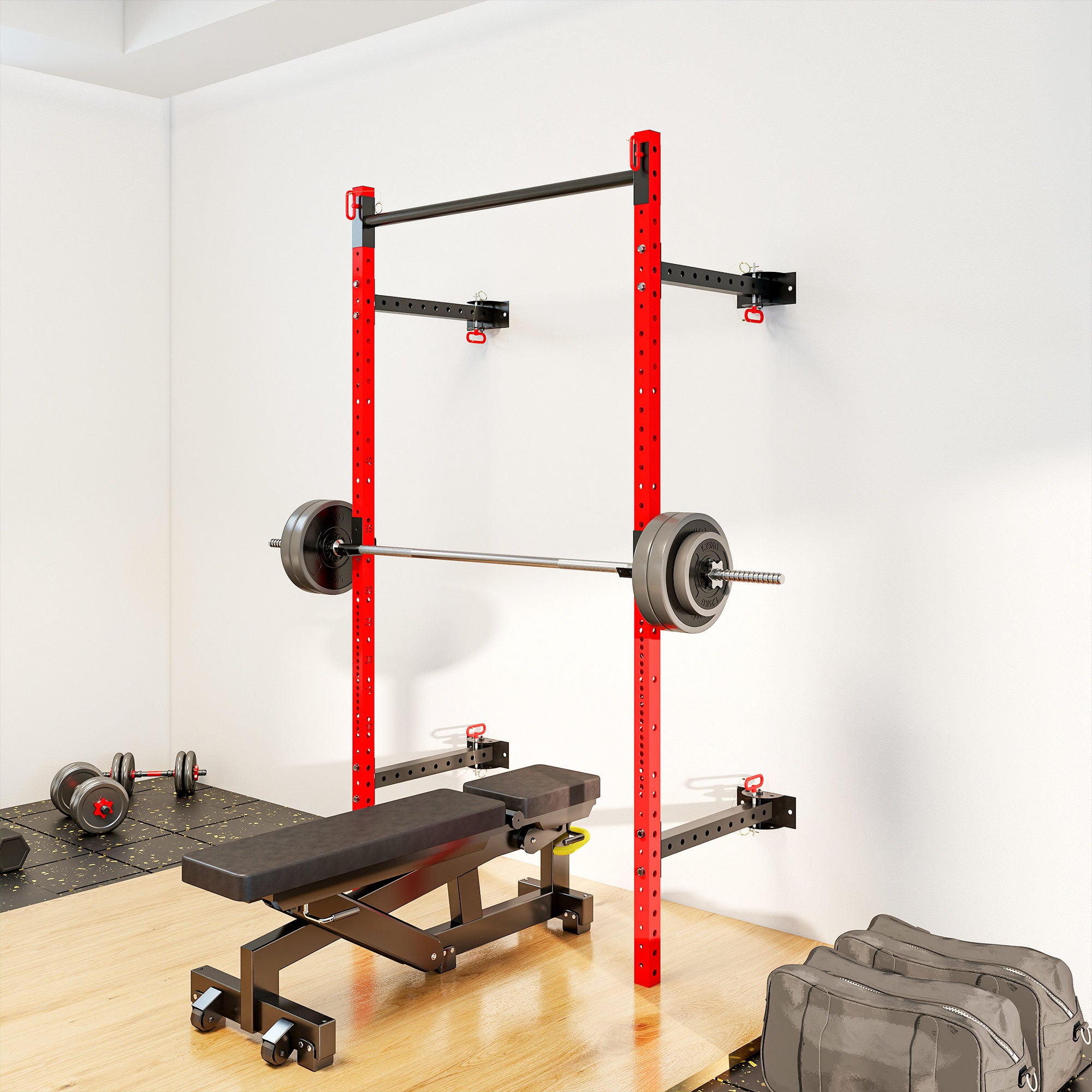 Folding Squat Rack with Pull Up Bar, Wall Mounted and Adjustable, 1000 Pounds Capacity Power Rack, Red