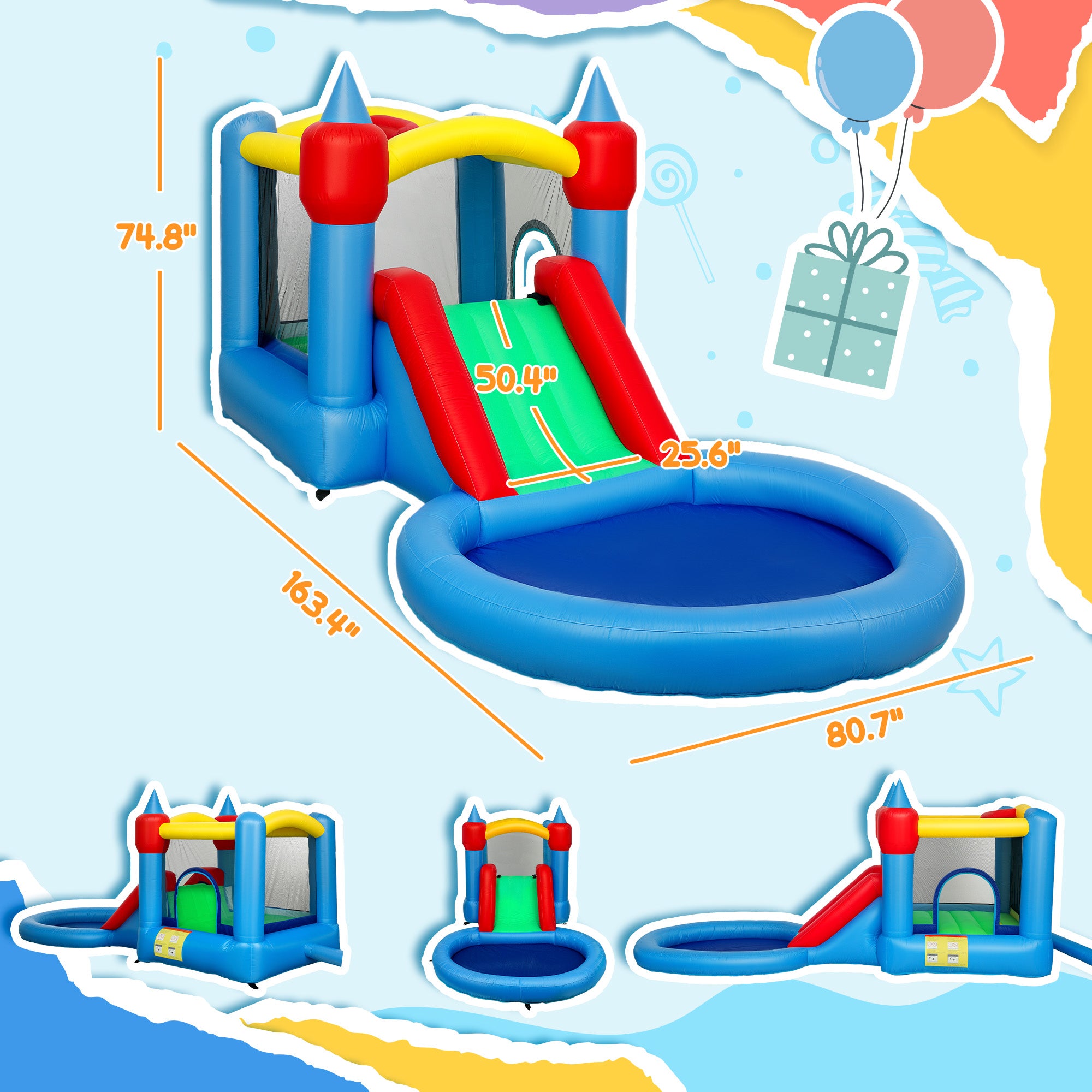 4 in 1 Inflatable Bounce House with Slide, Basketball Hoop, Ball Pit, 370W Blower, Storage Bag, 163" x 81" x 75"