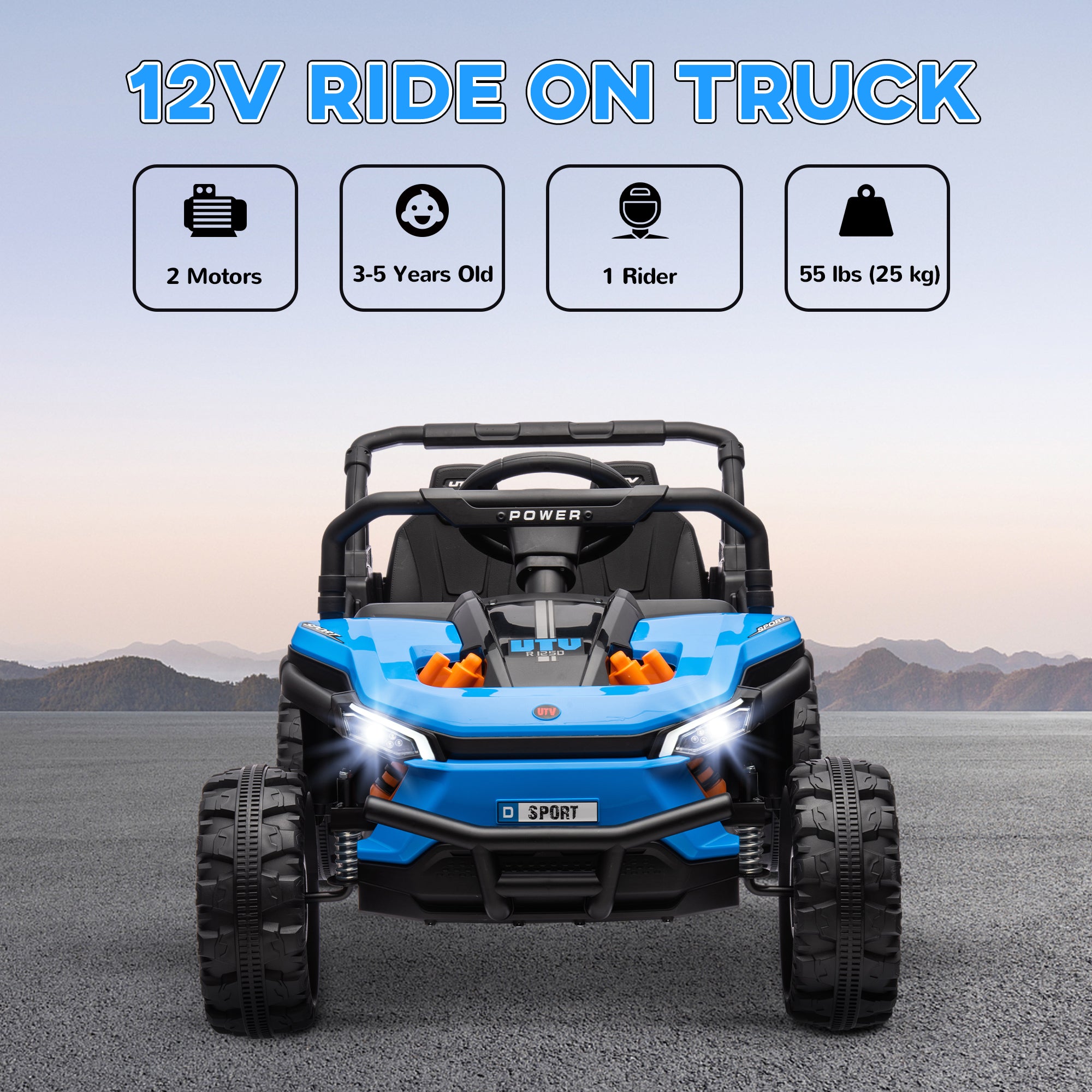12V Ride On Truck, Battery Powered Electric Car for Kids w/ Remote Control, 4-Wheel Suspension & LED Lights, Blue