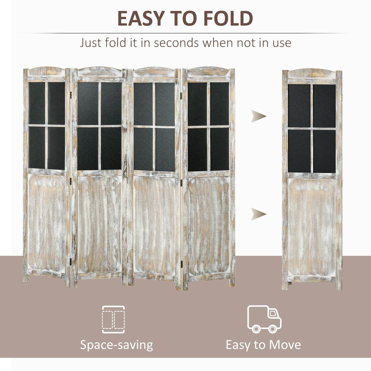4 Panel Room Divider, 5.6' Tall Farmhouse Style Folding Indoor Portable Wood Privacy Screen with Black Boards, Hinged Freestanding Partition Wall Dividers for Home Office, Natural