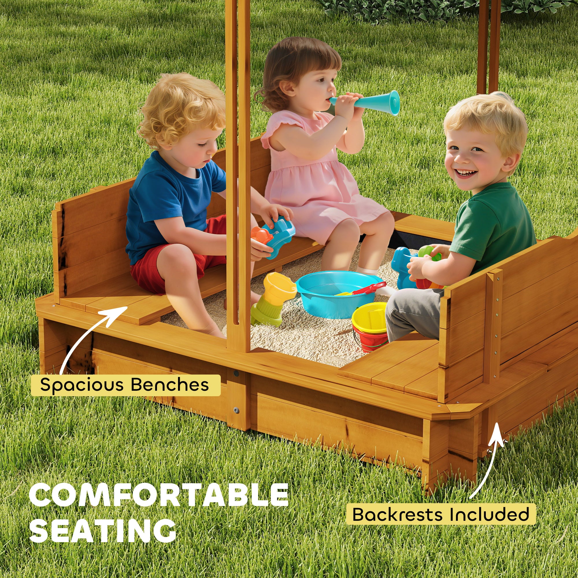 Wooden Kids Sandbox with Cover, Children Outdoor Sand Box with Foldable Bench Seats and Adjustable Canopy, Brown