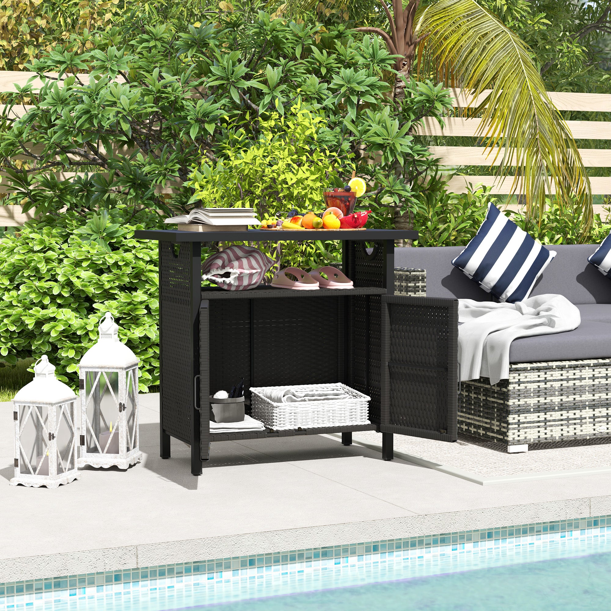 Outdoor Pool Towel Storage Cabinet Organizer, Outdoor Bar Table with Shelf and Cabinet, Pool Towel Holder Pool Valet with Weather-Resistant PE Rattan and Steel Frame, Espresso - Espresso - Image 2