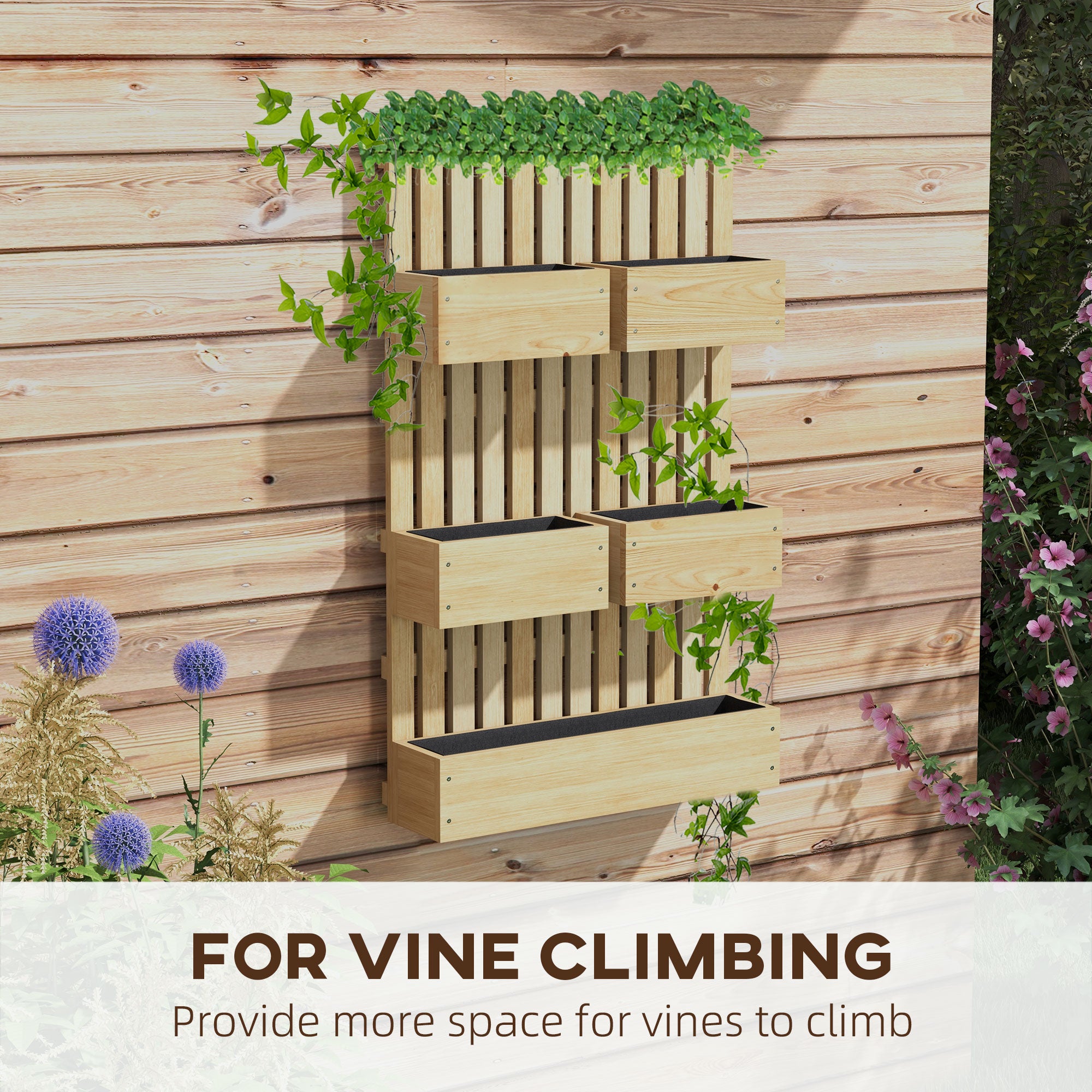 Wall Mounted Planter with Trellis and Drainage Holes for Small Spaces, Raised Garden Bed, Natural - Natural Wood - Image 4