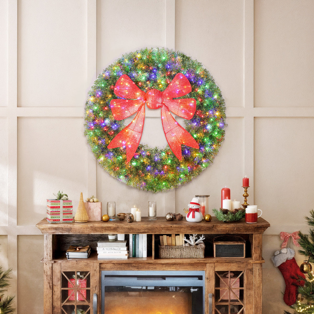 36in Pre-Lit Christmas Wreath with 3D Red Bow, 11 Lighting Modes, Front Door Christmas Wreath with Remote